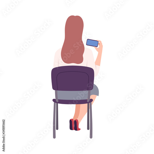 Female Student Sitting on Chair in Class, Back View of Girl Recording Lecture on Smartphone Flat Vector Illustration