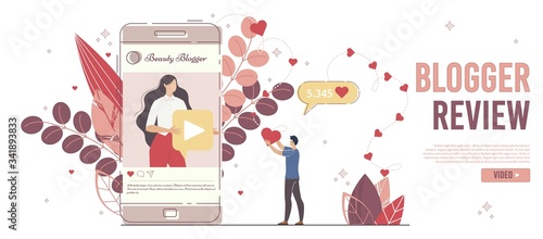 Beauty Blogger Review, Social Media Marketing with Opinion Leader or Celebrity Promotion Concept. Online User Liking and Sharing Popular Blogger Post in Social Network Trendy Flat Vector Illustration