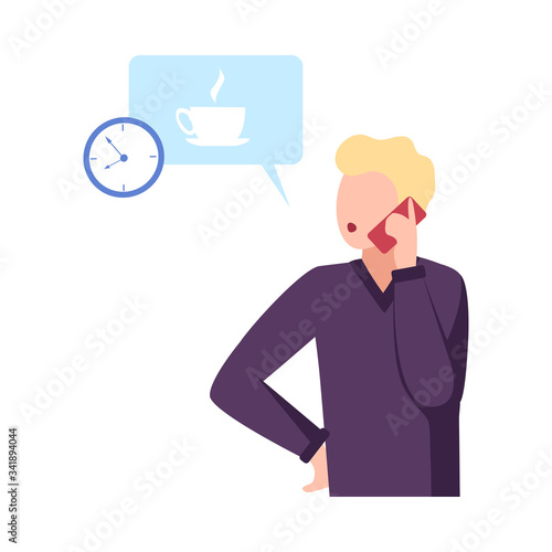 Businessman Working Online at Home Using Smartphone, Social Distancing or Self Isolation Concept Flat Vector Illustration