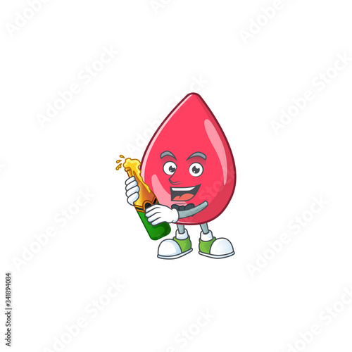 Mascot cartoon design of red blood making toast with a bottle of beer