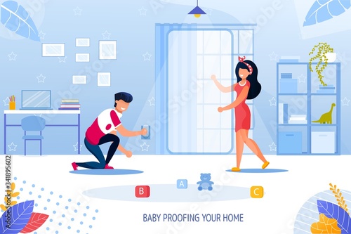 Parent Engaged in House Renovation for Child Safety. Father Mother Securing Room for Kid Checking Window Covering Dangerous Electrical Outlet. Baby Proofing Your Home Lettering. Vector Illustration
