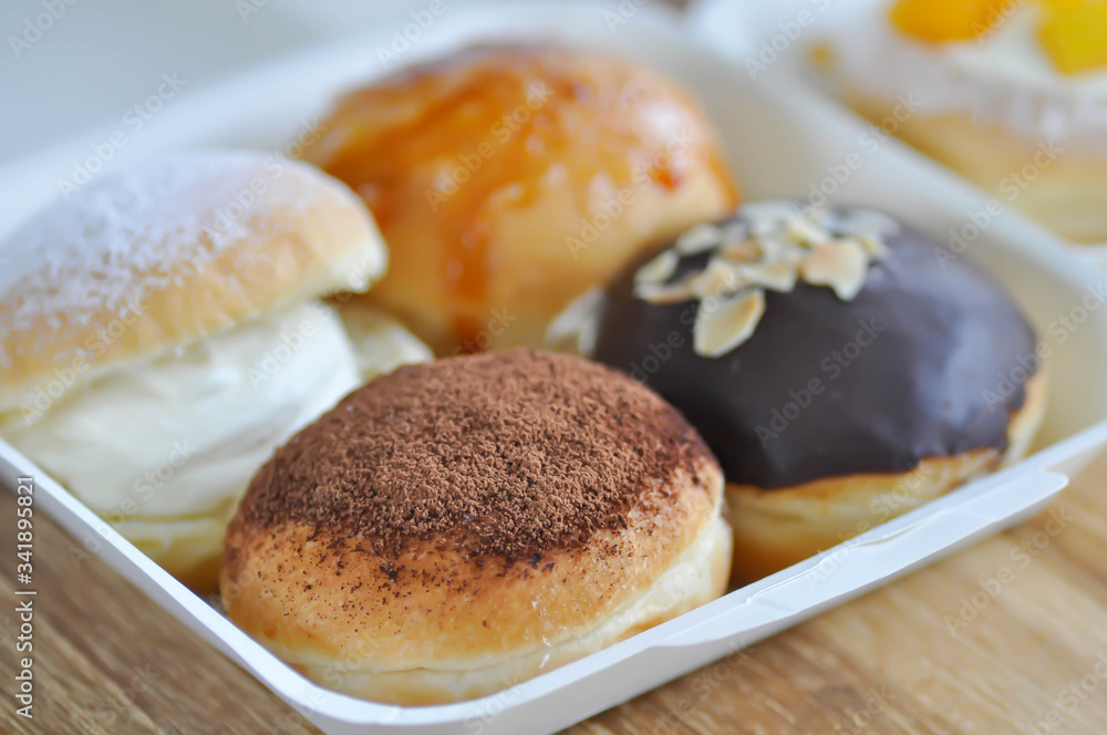donut or doughnut, chocolate donut and caramel donut