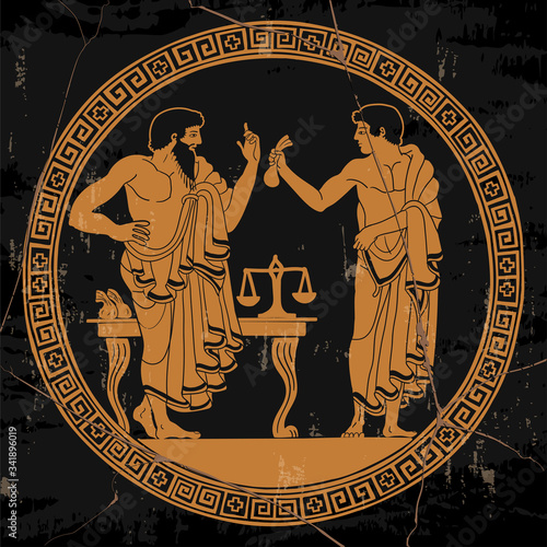 Two ancient Greek men in tunics in the market stand and conduct dialogue. Antique painting on the dishes.