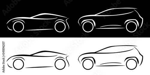 SUVクーペの自動車ラインシルエットベクターアイコン白黒