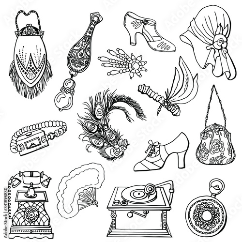 Large black and white set of accessories in the style of art deco. 1920 year. Line style. Stock illustration. White background, isolate.