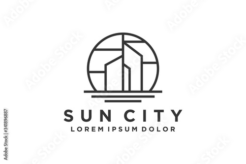 City building logo design, real estate business property icon symbol line style illustration. 