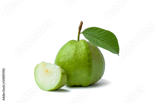 Guava, fruits and guava leaves, fruits with high vitamin C help strengthen the immune system, separated on a white background with the clipping path.