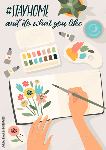 Stay at home. Woman paints flowers in sketchbook. Vector illustration.