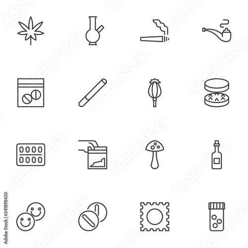 Narcotic drugs line icons set, outline vector symbol collection, linear style pictogram pack. Signs, logo illustration. Set includes icons as marijuana leaf, smoking tube, cocaine package, cannabis