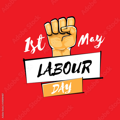 Happy labour day vector label with strong orange fist isolated on red background. vector happy labor day background with man hand. red workers may day poster