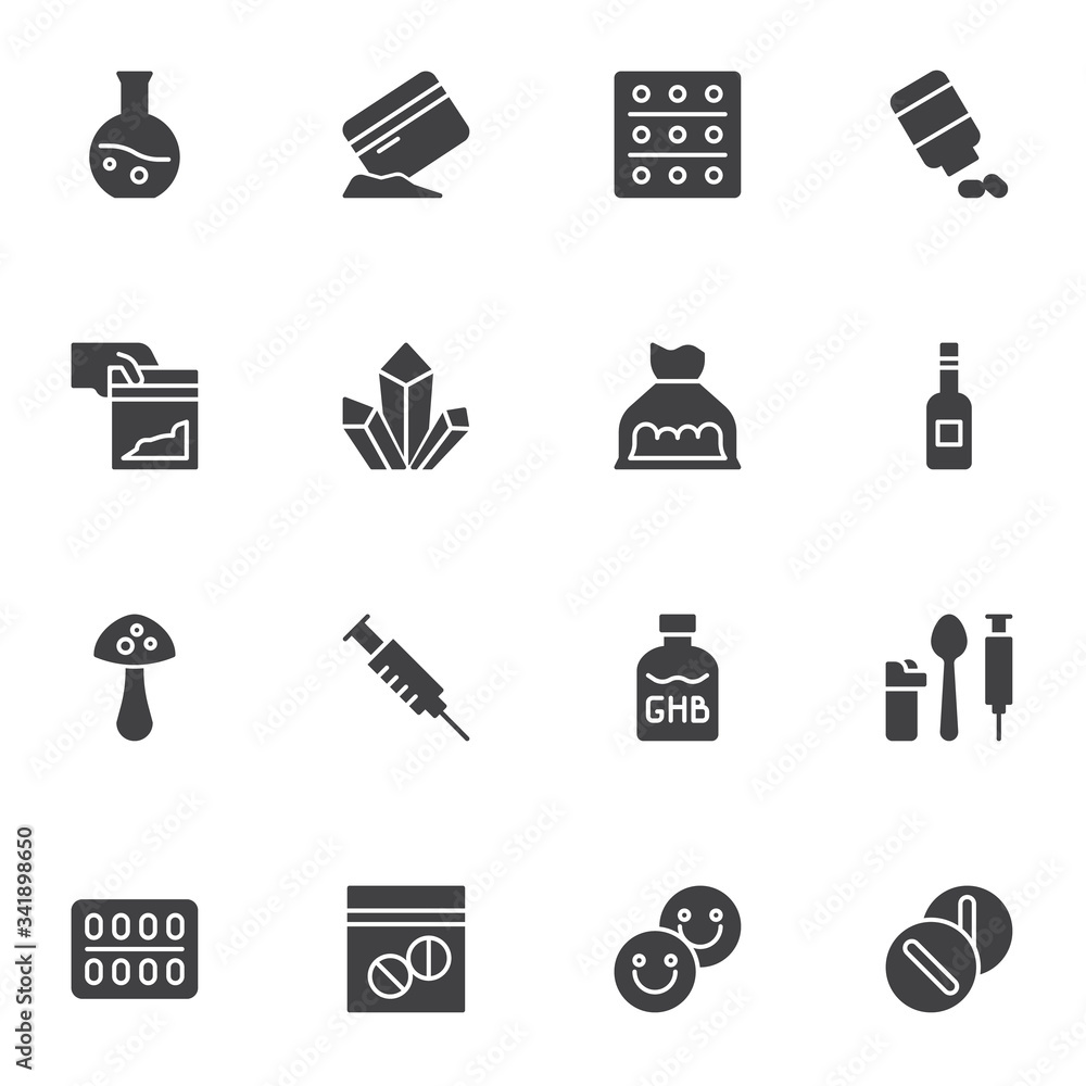 Drugs vector icons set, modern solid symbol collection, filled style pictogram pack. Signs, logo illustration. Set includes icons as cocaine and credit card, amphetamine crystal, heroin syringe, pills Drugs vector icons set, modern solid symbol collection, filled style pictogram pack. Signs, logo illustration. Set includes icons as cocaine and credit card, amphetamine crystal, heroin syringe, pills