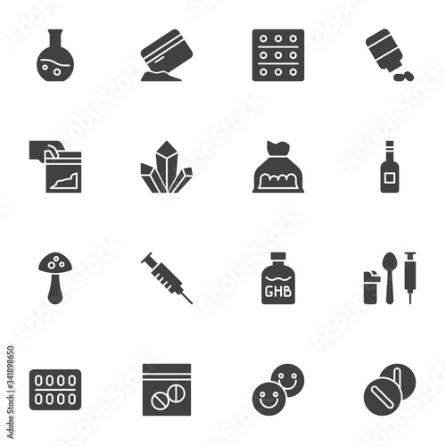 Drugs vector icons set, modern solid symbol collection, filled style pictogram pack. Signs, logo illustration. Set includes icons as cocaine and credit card, amphetamine crystal, heroin syringe, pills