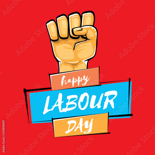 Happy labour day vector label with strong orange fist isolated on red background. vector happy labor day background with man hand. red workers may day poster