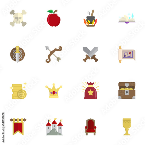 Fairy tale flat icons set, Colorful symbols pack contains, skull and bones, apple, magic book, sword and shield, bow, treasure map, gold chest. Fantasy fairytale vector illustration. Flat style design