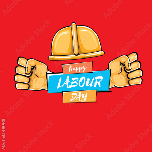 Happy labour day vector label with strong orange fist isolated on red background. vector happy labor day background with man hand. red workers may day poster