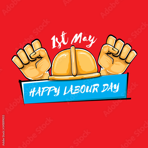 Happy labour day vector label with strong orange fist isolated on red background. vector happy labor day background with man hand. red workers may day poster
