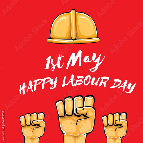 Happy labour day vector label with strong orange fist isolated on red background. vector happy labor day background with man hand. red workers may day poster