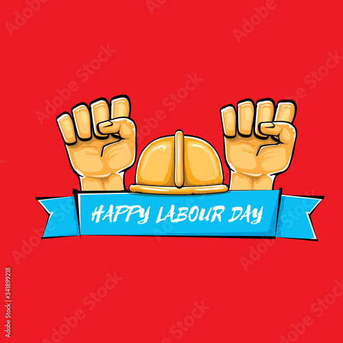 Happy labour day vector label with strong orange fist isolated on red background. vector happy labor day background with man hand. red workers may day poster