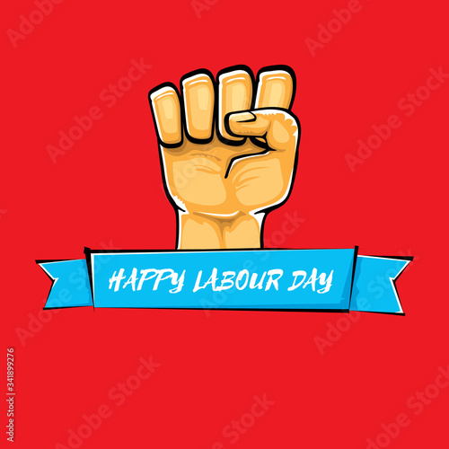 Happy labour day vector label with strong orange fist isolated on red background. vector happy labor day background with man hand. red workers may day poster
