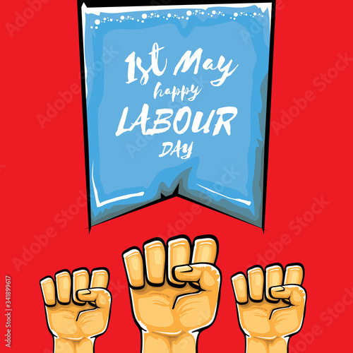 Happy labour day vector label with strong orange fist isolated on red background. vector happy labor day background with man hand. red workers may day poster