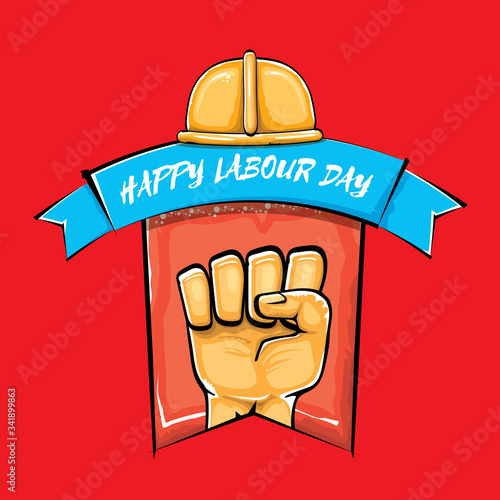 Happy labour day vector label with strong orange fist isolated on red background. vector happy labor day background with man hand. red workers may day poster