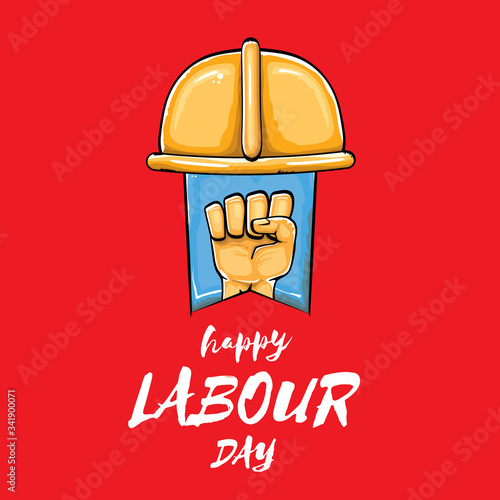 Happy labour day vector label with strong orange fist isolated on red background. vector happy labor day background with man hand. red workers may day poster