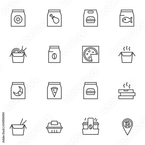 Take away food line icons set, Fast food delivery outline vector symbol collection, linear style pictogram pack. Signs, logo illustration. Set includes icons as pizza, coffee, noodles, dessert, donut