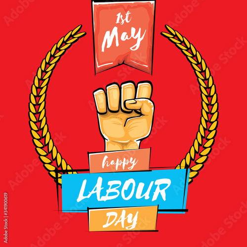 Happy labour day vector label with strong orange fist isolated on red background. vector happy labor day background with man hand. red workers may day poster