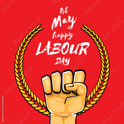 Happy labour day vector label with strong orange fist isolated on red background. vector happy labor day background with man hand. red workers may day poster