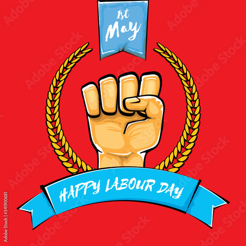 Happy labour day vector label with strong orange fist isolated on red background. vector happy labor day background with man hand. red workers may day poster