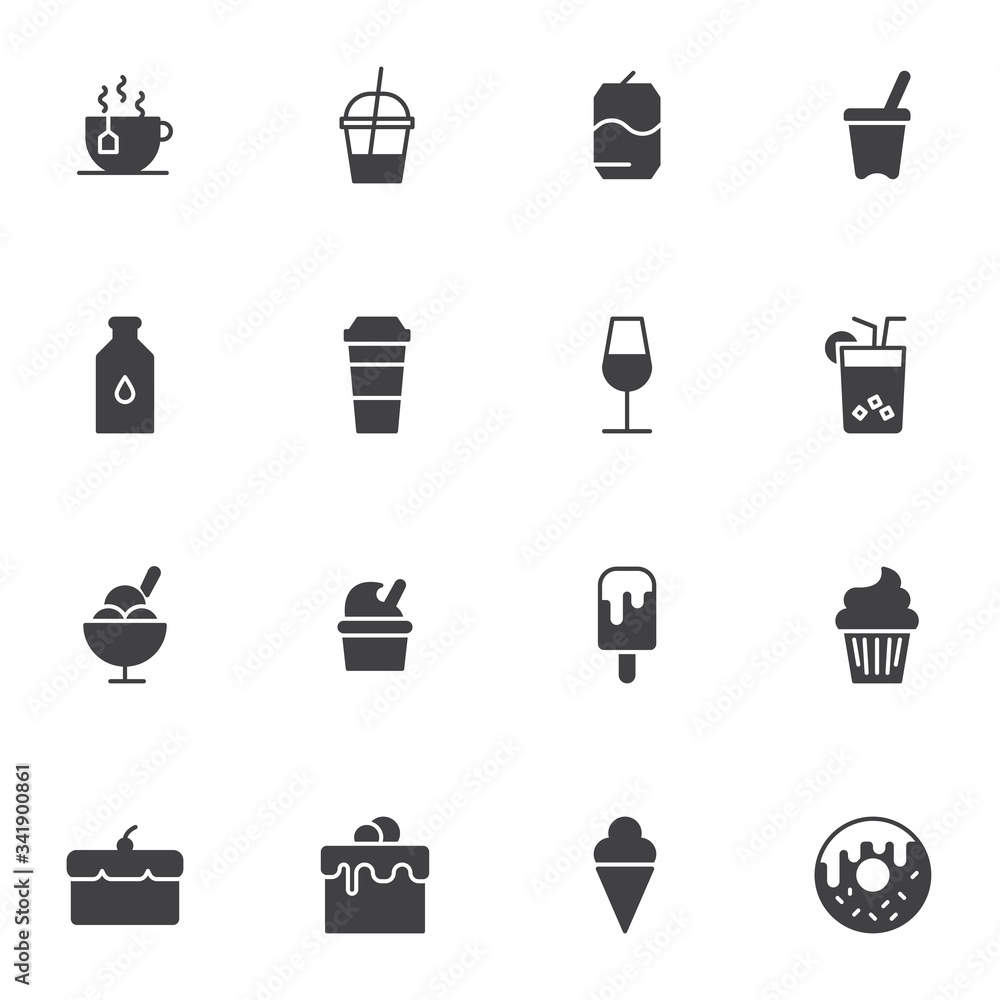 Dessert food vector icons set, modern solid symbol collection, filled style pictogram pack. Signs logo illustration. Set includes icons as coffee cup, soda drink, water bottle, ice cream, cake, muffin Dessert food vector icons set, modern solid symbol collection, filled style pictogram pack. Signs logo illustration. Set includes icons as coffee cup, soda drink, water bottle, ice cream, cake, muffin