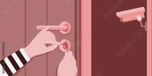 The robber uses a tool to unlock the doorknob in order to steal the property inside but forgot that there is a CCTV recorded.
Illustration about unlock the door.
