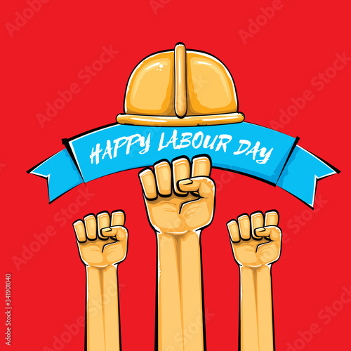 Happy labour day vector label with strong orange fist isolated on red background. vector happy labor day background with man hand. red workers may day poster