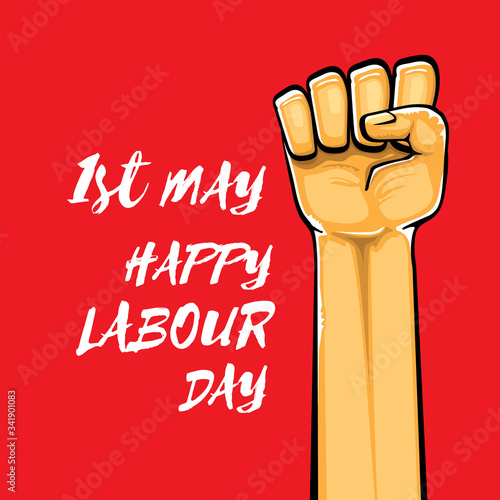 Happy labour day vector label with strong orange fist isolated on red background. vector happy labor day background with man hand. red workers may day poster