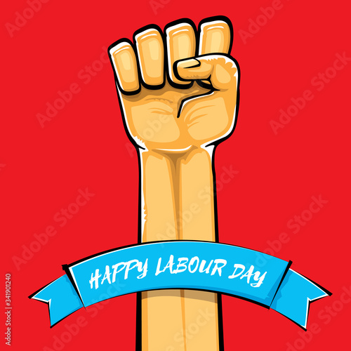 Happy labour day vector label with strong orange fist isolated on red background. vector happy labor day background with man hand. red workers may day poster