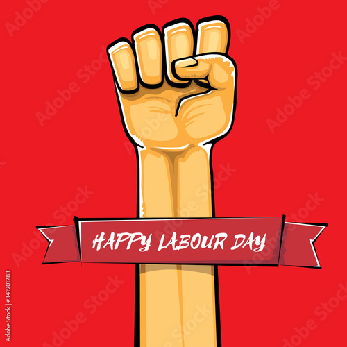 Happy labour day vector label with strong orange fist isolated on red background. vector happy labor day background with man hand. red workers may day poster