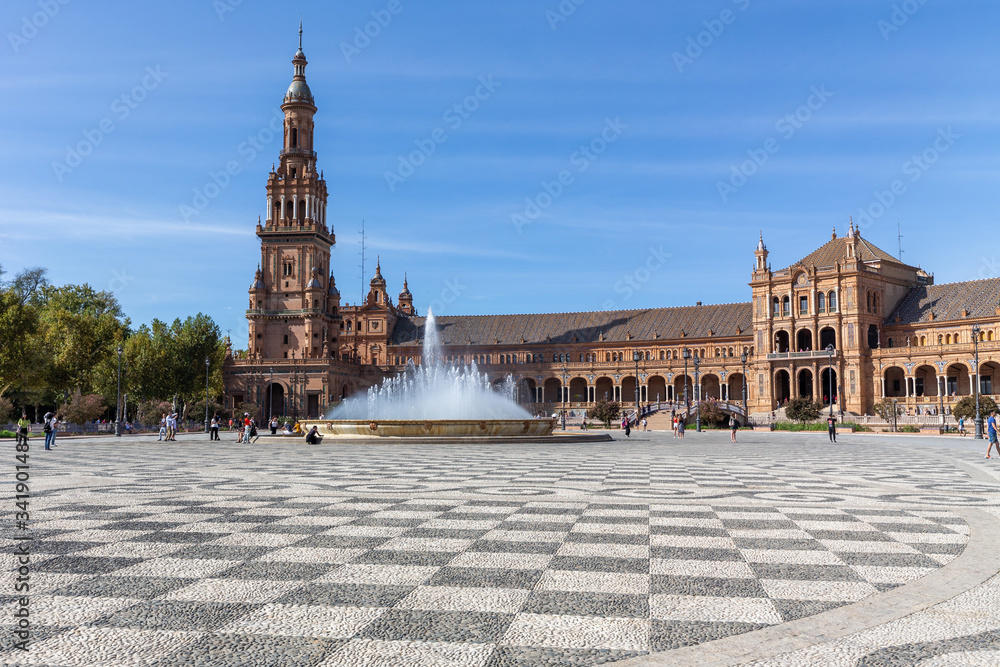 Plaza de Espana in Seville, Andalucia, Spain, on a sunny day.