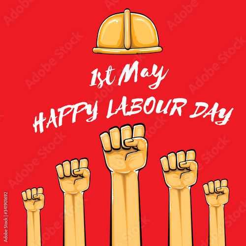 Happy labour day vector label with strong orange fist isolated on red background. vector happy labor day background with man hand. red workers may day poster