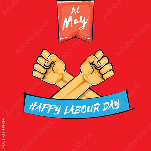 Happy labour day vector label with strong orange fist isolated on red background. vector happy labor day background with man hand. red workers may day poster