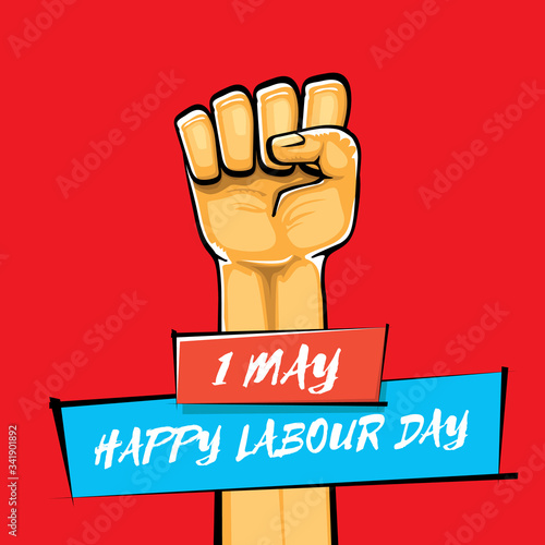 Happy labour day vector label with strong orange fist isolated on red background. vector happy labor day background with man hand. red workers may day poster