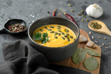 Pumpkin soup in deep bowl with seeds, parsley, garlic, bay leaf, spices, peppers on grey table with napkin