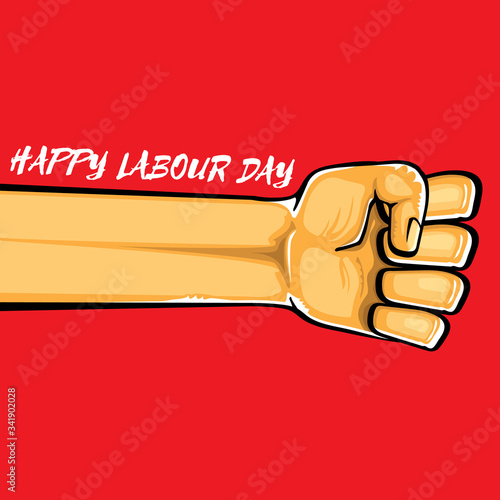 Happy labour day vector label with strong orange fist isolated on red background. vector happy labor day background with man hand. red workers may day poster