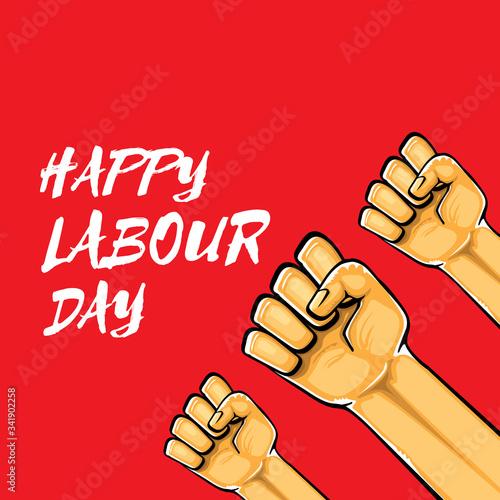 Happy labour day vector label with strong orange fist isolated on red background. vector happy labor day background with man hand. red workers may day poster