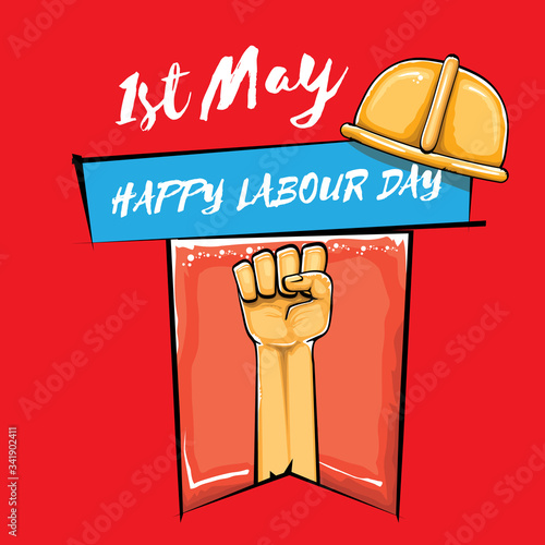 Happy labour day vector label with strong orange fist isolated on red background. vector happy labor day background with man hand. red workers may day poster