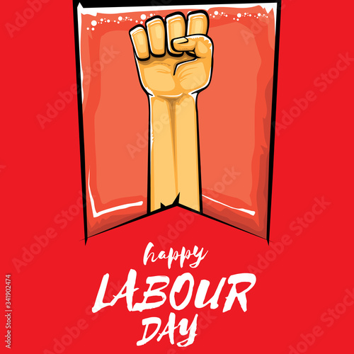 Happy labour day vector label with strong orange fist isolated on red background. vector happy labor day background with man hand. red workers may day poster
