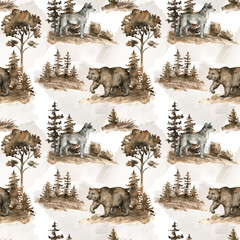Fototapete Waldtiermuster Bär und Wolf in Waldlandschaft  © Kate K.