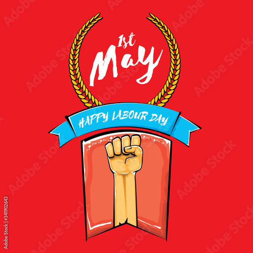 Happy labour day vector label with strong orange fist isolated on red background. vector happy labor day background with man hand. red workers may day poster