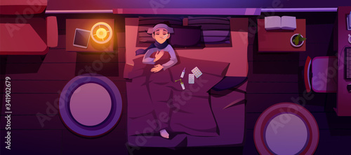 Sick woman lying in bed with fever. Night bedroom interior with sad girl under blanket top view. Vector cartoon illustration of ill woman character with thermometer in mouth and tablets on bed