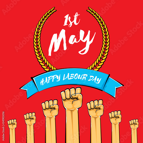 Happy labour day vector label with strong orange fist isolated on red background. vector happy labor day background with man hand. red workers may day poster