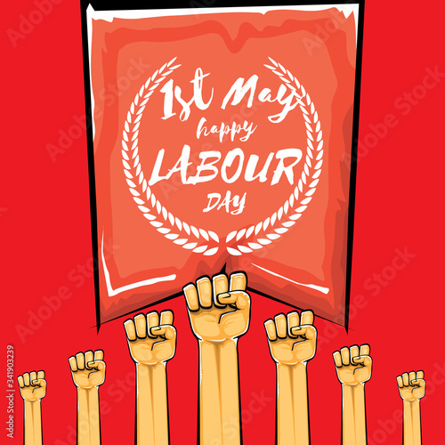 Happy labour day vector label with strong orange fist isolated on red background. vector happy labor day background with man hand. red workers may day poster